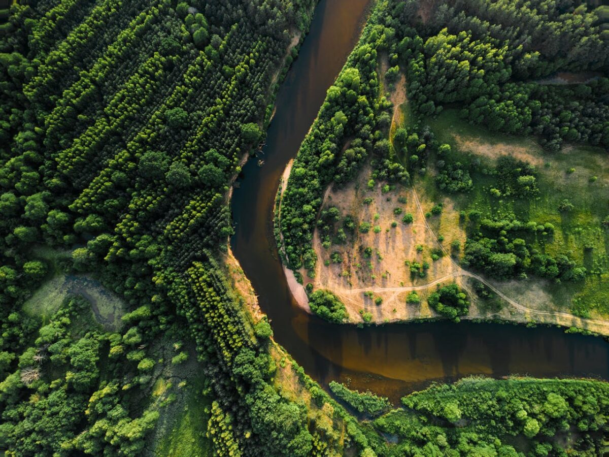 A breathtaking aerial view of a winding river through lush forests in Vileyka, Belarus.